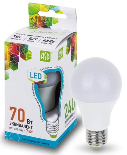 Лампа светодиодная ASD Standart A60 Груша E27 220В 7Вт 630Лм 4000К 60х108мм фото Лампа светодиодная ASD Standart A60 Груша E27 220В 7Вт 630Лм 4000К 60х108мм картинка